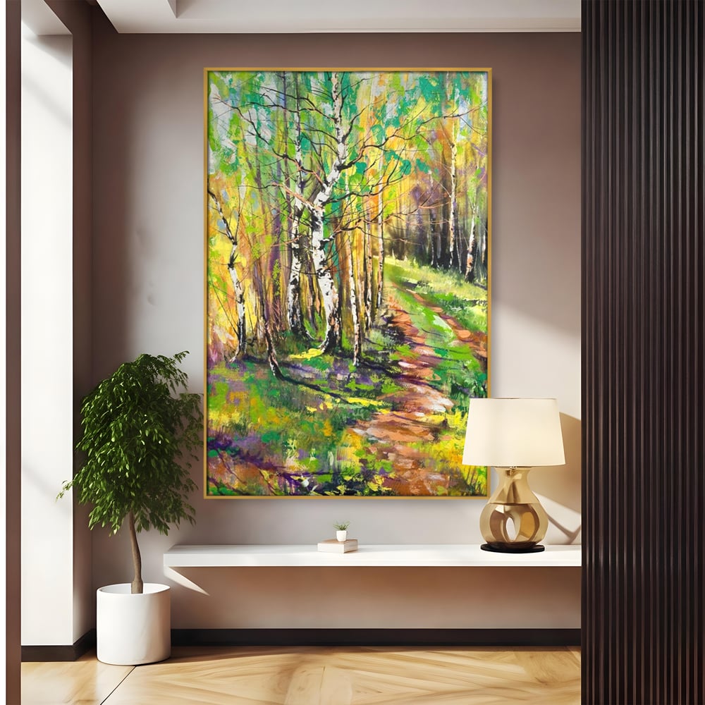 Tablou canvas cu tablou canvas cu padure si mesteacani, in rama de aluminiu auriu